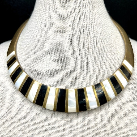 Jewelry Vintage Brass Choker Mother Of Pearl Inlay Made In India